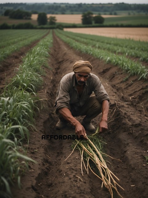 Man wearing a hat, squatting in a field, holding a stalk of grass