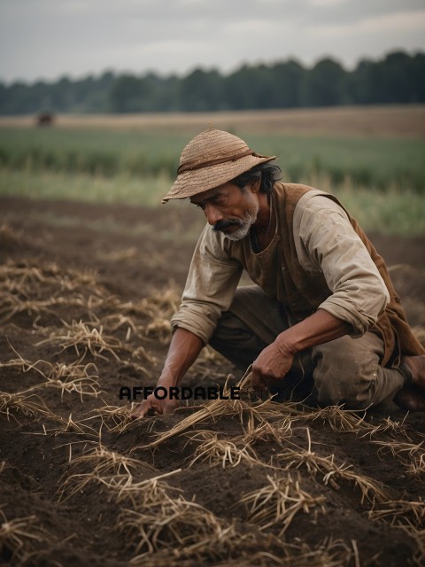 Man in a field wearing a straw hat and overalls