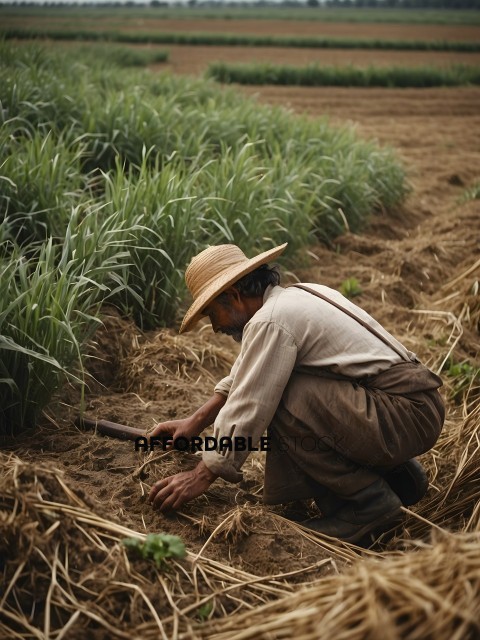 Man in a field with a straw hat and overalls