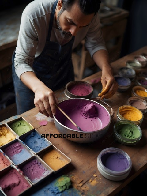 Man mixing colors in a bowl