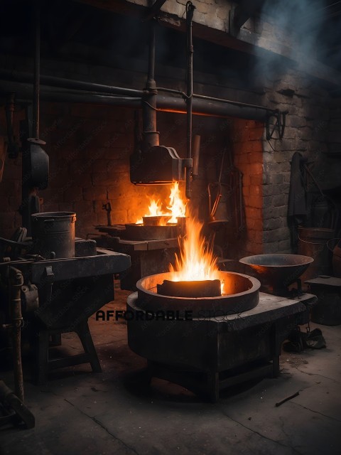 A blacksmith's workshop with fire and metal