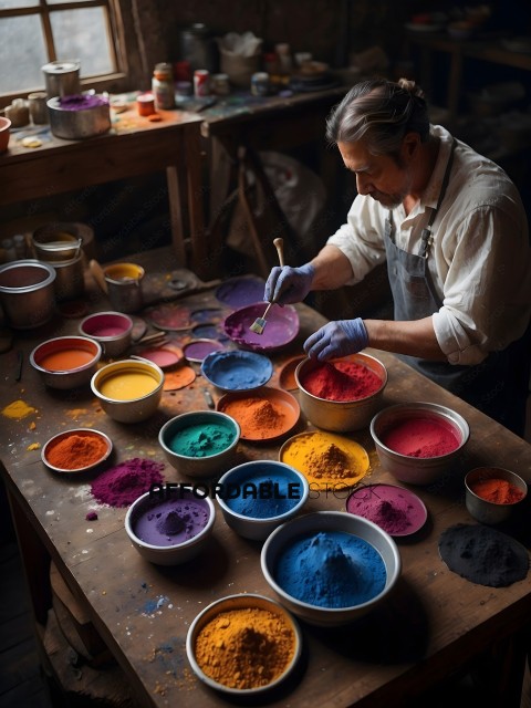 Man mixing colors in bowls