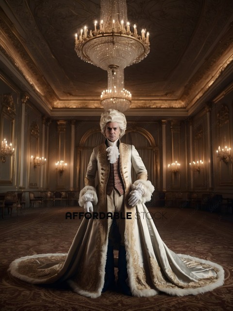 A man in a white wig and gold coat standing in a room