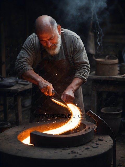 A man working with a metal tool in a forge