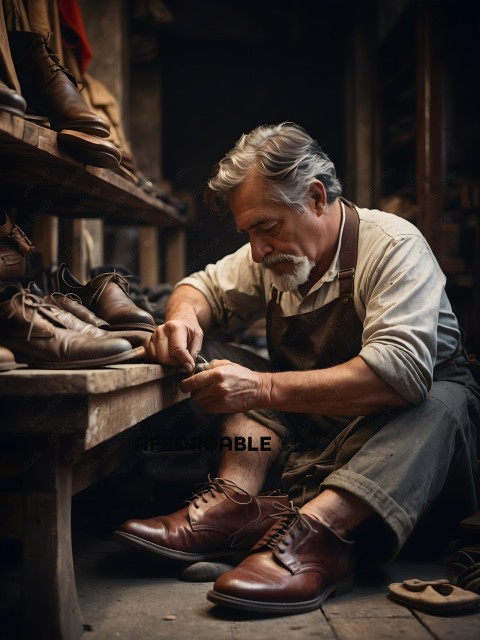 A man in a workshop shoe repairing a shoe