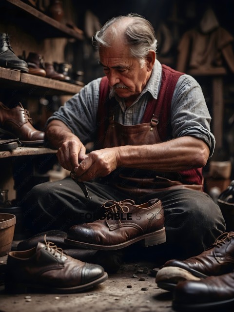 A man in a workshop, shining a shoe