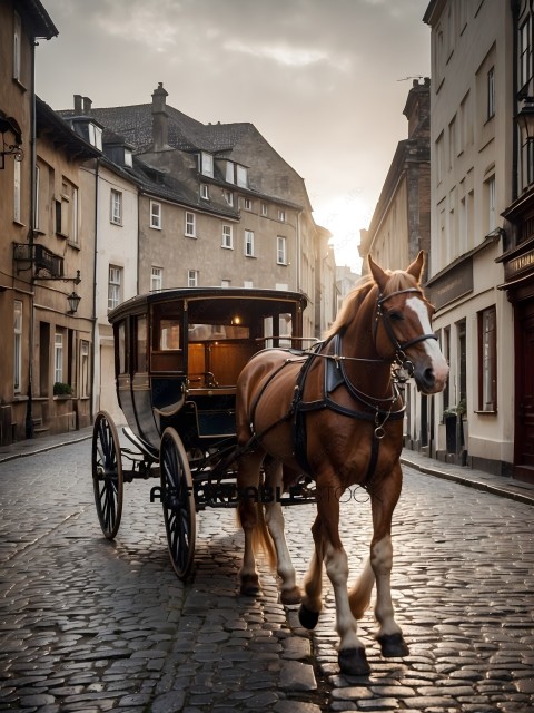 A horse pulling a carriage on a cobblestone street