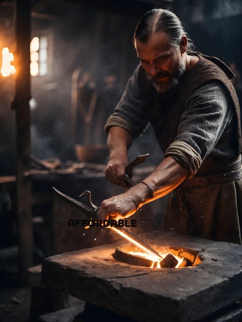 A man in a leather apron is working with metal