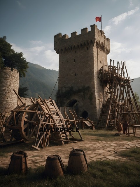 A castle with a large wooden structure in front of it