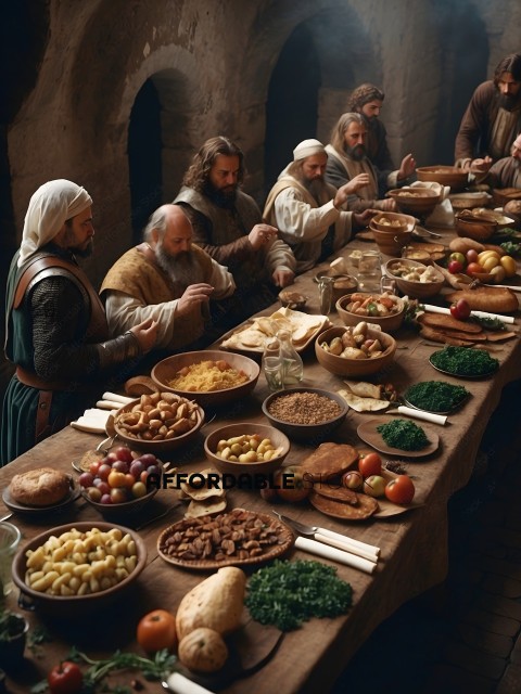 A group of men are sitting around a table with a feast of food