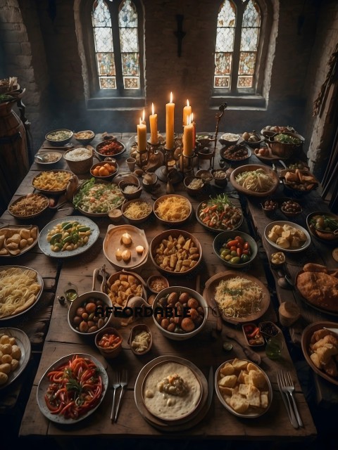 A table full of food with candles on it