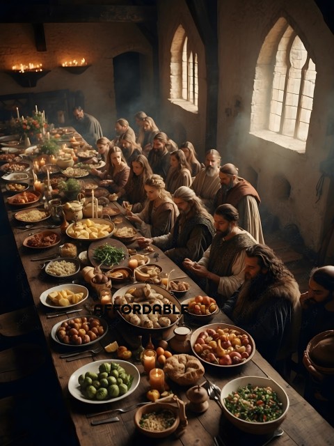 A group of people are sitting at a long table with a feast of food
