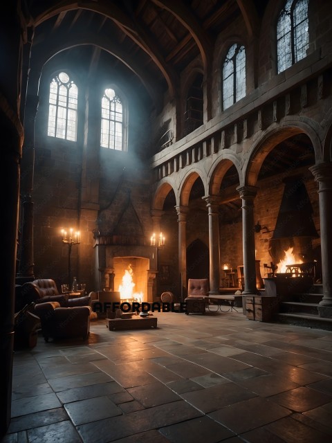A large, dark room with a fireplace and furniture