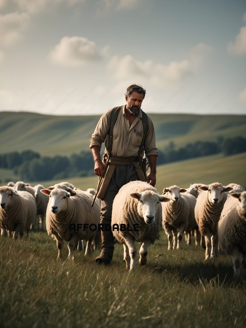 A man herds sheep in a field