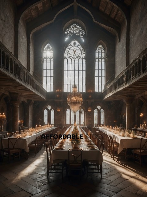 A long table with a chandelier in a large room