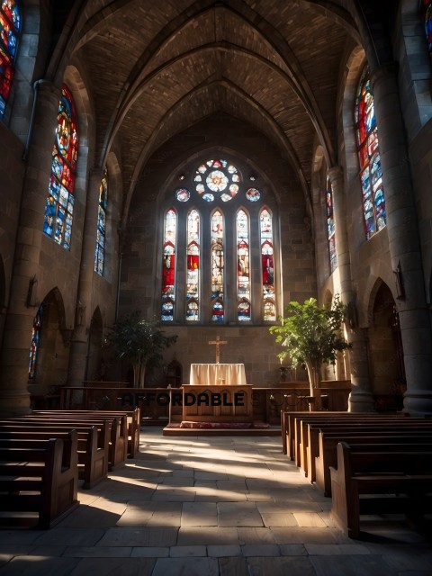 A church with stained glass windows and a cross