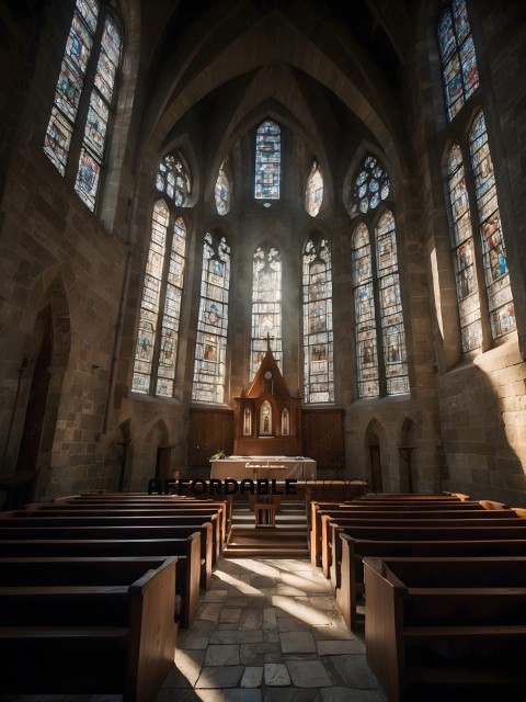 A church with stained glass windows and a wooden altar