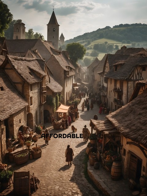 A quaint village with a cobblestone street and a lively marketplace