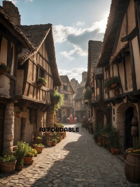 A quaint village with cobblestone streets and old buildings