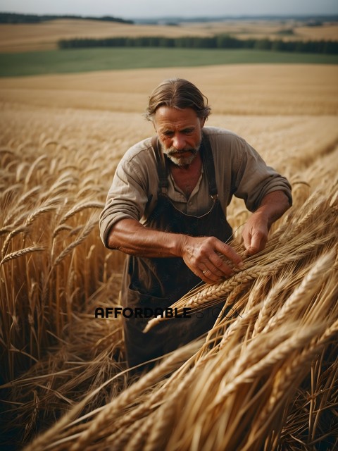 An old man harvesting wheat in a field