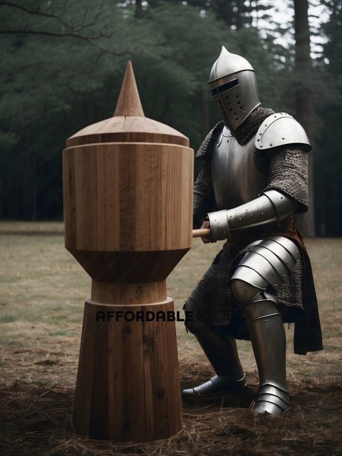 A man in a suit of armor is holding a mallet