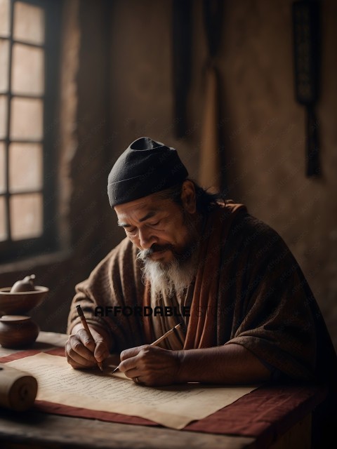 A man in a brown robe writing on a scroll