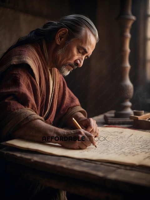 An Asian man writing on a scroll