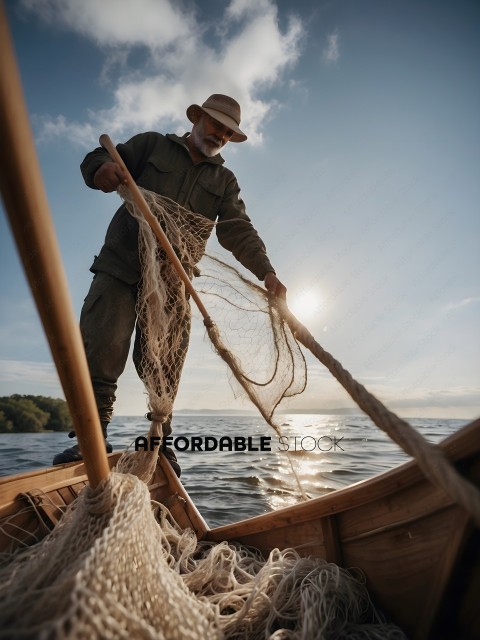 Man on a boat with a fishing net
