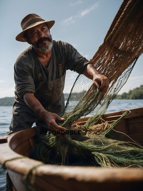 Man in a boat holding a net