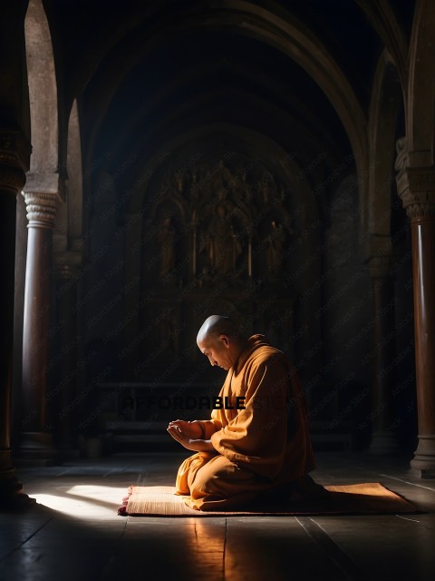 A monk in a dark room with a golden glow