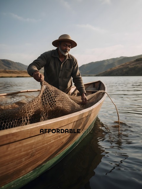 Man in a boat with a fishing net