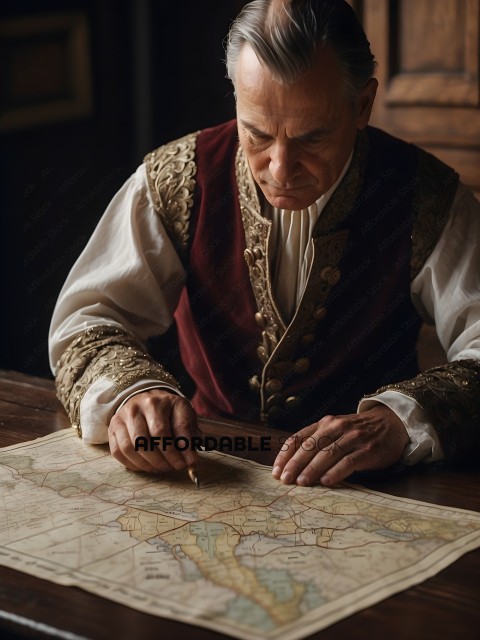 A man in a costume is looking at a map