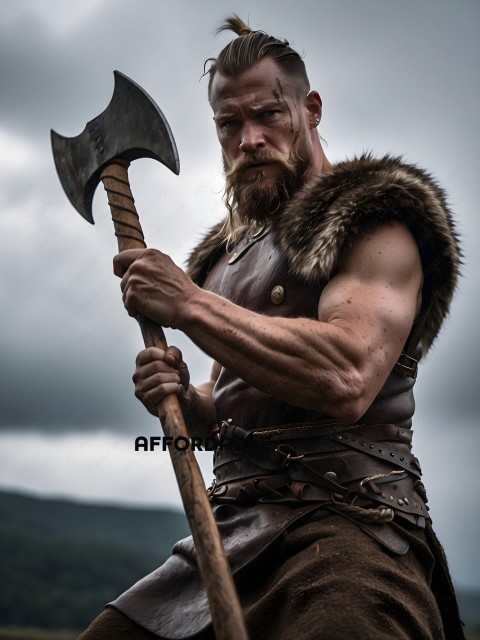 Man in Viking Costume Holding a Large Axe