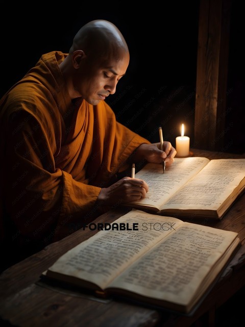 A monk writing in a book by candlelight