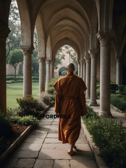 A monk in a brown robe walking down a hallway