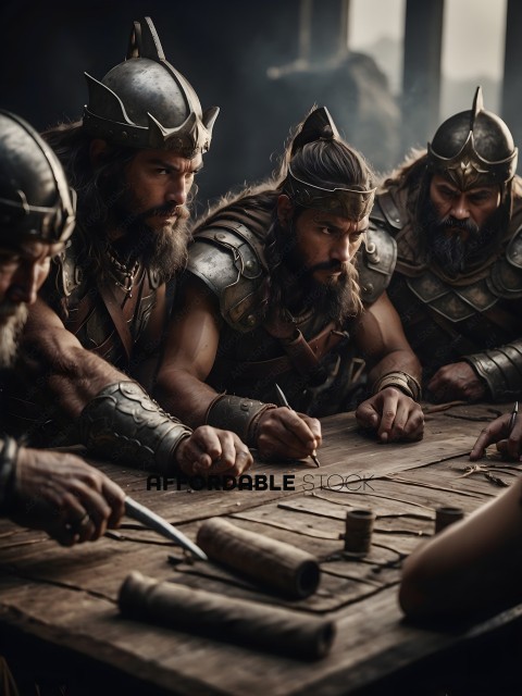 Warriors with beards and helmets sitting at a table