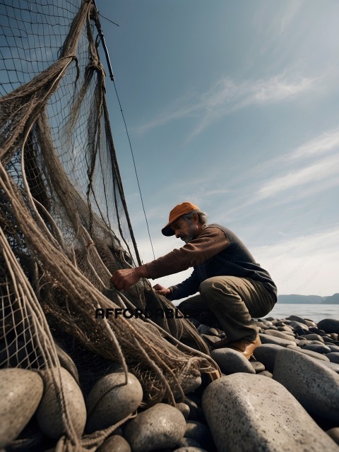 Man fixing fishing net on rocks