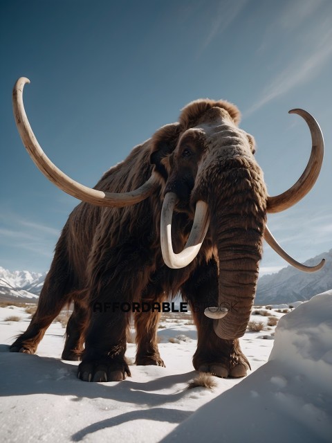 An elephant with tusks standing in the snow