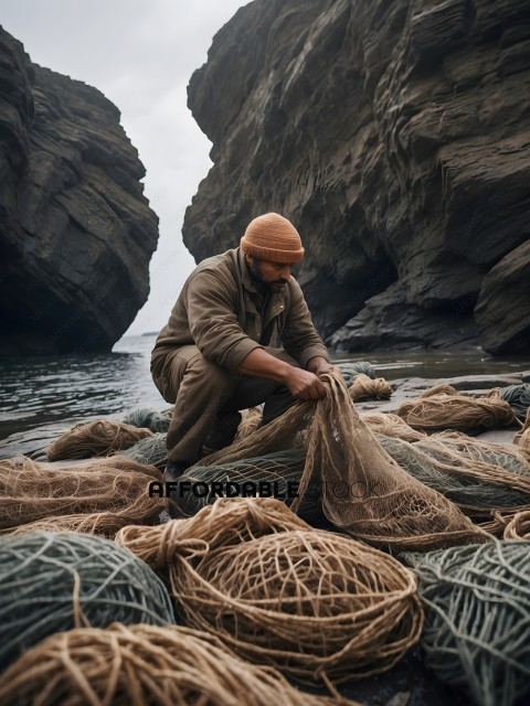 A man wearing a brown hat is bending over a pile of fishing nets
