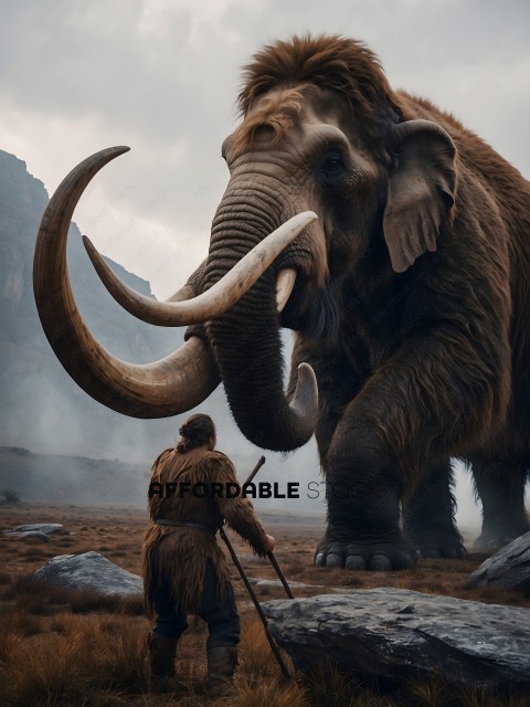 A man and an elephant in a rocky landscape