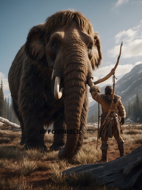 A man with a bow and arrow stands next to a large elephant
