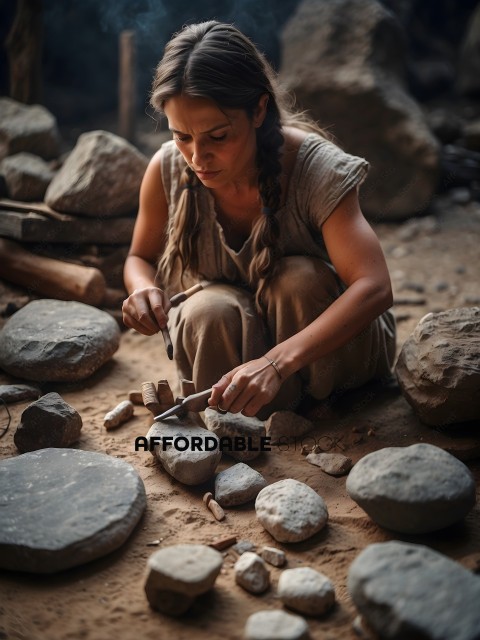 Woman carving stone in the desert