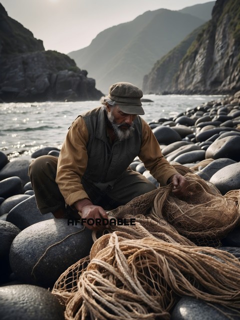A man wearing a hat is sitting on a rock and holding a net