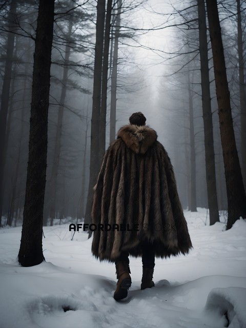 A man in a fur coat walks through the snow