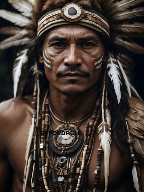Native American with tribal tattoos and feathered headdress