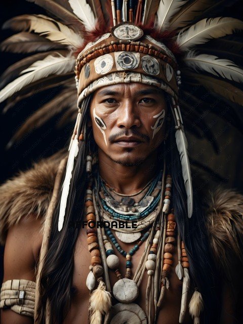 Native American with long hair and feathered headdress