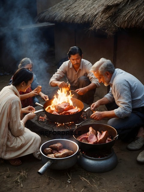 A group of people cooking food over a fire