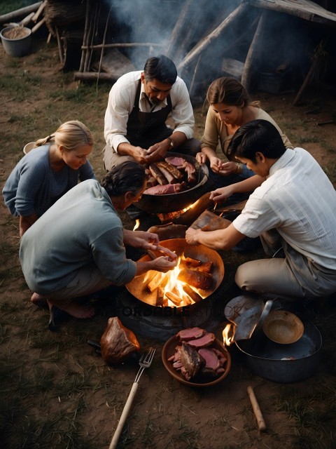 A group of people cooking meat over a fire