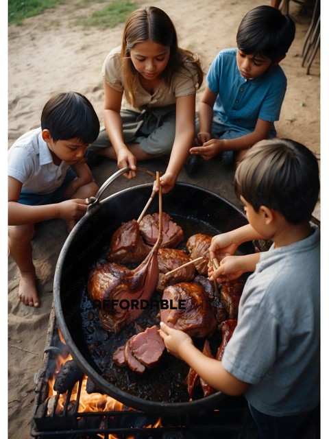 Four children cooking meat on a fire
