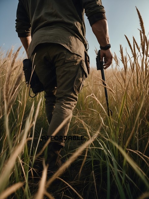 Man with a gun walking through tall grass